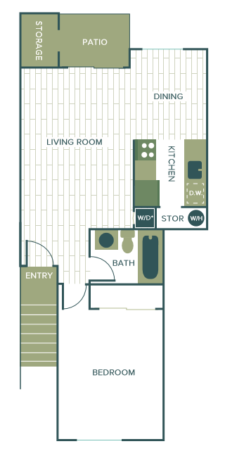 Floor plan for 1 bed, 1 bath, 696 sqft